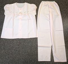 Vintage Katz Pink Embroidered Floral Button Up Top Pants Long PJs Pajamas Set