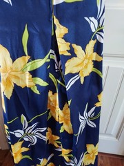 Vtg 70s Floral Maxi Dress Navy Yellow Lily Hibiscus Hawaiian Tiki Resort M L 53″