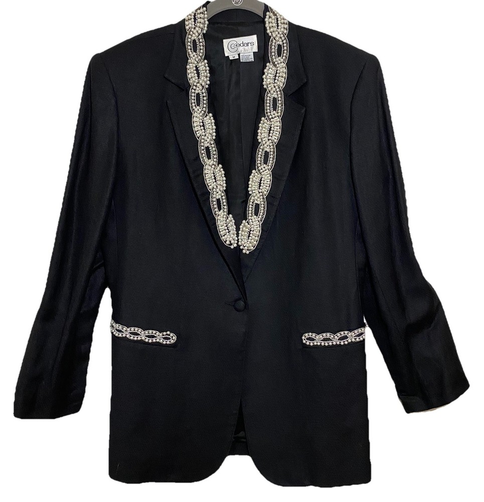 Cedars Vintage Women’s Sz M Black Blazer W/Pearl And Silver Beading Accents