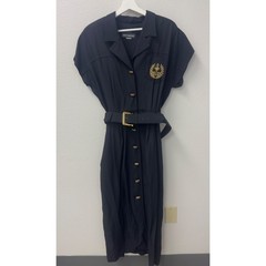 Infatuation Vintage Military Style Midi Dress Black Gold Belted Crest Button Up