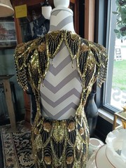 Lillie Rubin Vintage Black Gold Beaded Sequin Semi-Open Back Silk Dress Size 6