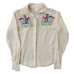 VTG 1970s Scenic Floral Embroidered White Gauze Cotton Button Up Womens Sz L