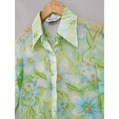 Vintage 70s Two East Button Down Blouse Womens 11/12 Green Blue Floral Sheer