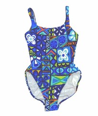 JAG Swimsuit One Piece Sz 10 Vintage Blue Geometric High Leg Cotton Stretch