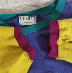 Vintage 80s/90s Spirit Activewear Color Block Shirt USA made Sz Lg Thrashed