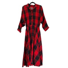 Vintage 90s Buffalo Plaid Maxi Dress Women 14 Red Black Cotton Americana Cabin