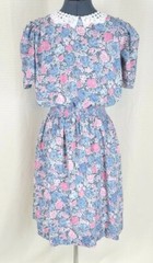 Vtg Stuart Alan Grey Dress w Lt Blue & Pink Floral & Lace Accent Collar Sz 14