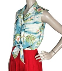 Vintage 90s Tommy Bahama Crinkle Sleeveless Hawaiian Tie Front Top