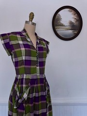 Vintage 1950s Plaid Green And Purple Dress With Pockets