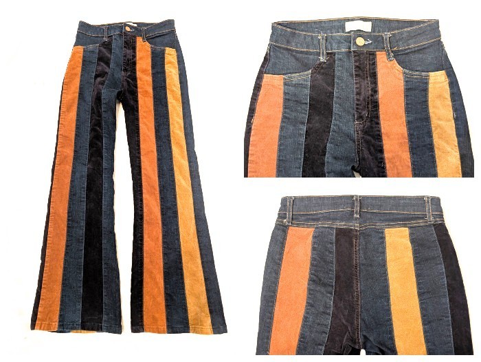 BOHO Hippie FASHIONISTA 24-28″ Stretch Waist PATCHWORK Stripe BELL BOTTOM Jeans