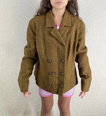 Vtg 50s Peacoat Blazer Crop Wool Tweed 42 EU Brown Austria Handmade Preppy READ