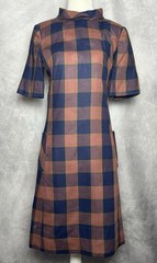 Vintage 1960s L’Aiglon Cotton Blue Pink Plaid Mod Shift Dress Mock Collar Size S