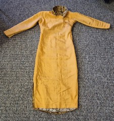 VTG 1960s Gold Brocade Cheongsam Qipao Dress Handmade Silk Jacquard Fully Lined