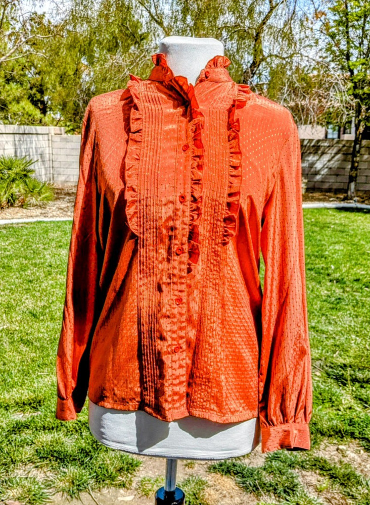 1960s Vintage Joyel Burnt Orange Shiny Polka Dot Ruffle Blouse Petite Sz9 EUC