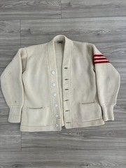 Vintage 1950s Cream Stripe Red Wool Cardigan Size Xl