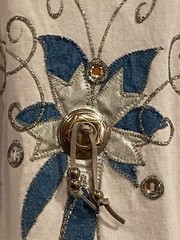 Vintage White Polyester & Cotton T Shirt Decorated w/Denim Applique & Rhinestone