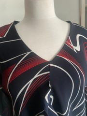 VTG Secret Navy Red Swirl Sheer Blouse – Bell Frill Ruffle Sleeve – L – USA