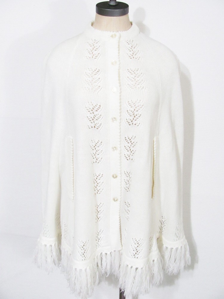 vintage WHITE FRINGE SWEATER BEE CAPE 60s Cardigan Button Shawl Wrap Poncho M/L