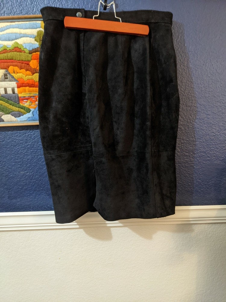 VTG Comint Argentina Black 100% Leather Suede Pencil Straight Skirt Sz Medium M