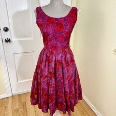 Vintage 1950s Red Pink Floral Fit & Flare Cocktail Dress S Retro Pinup Romanric