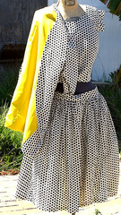 Vintage MSK 3 Piece Skirt Dress Suit White Black Polka Dot Pockets Yellow 28″