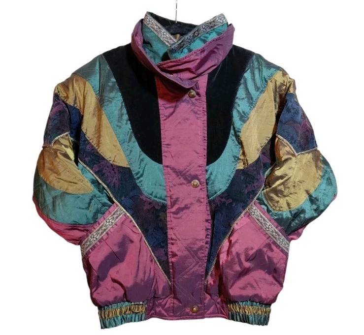 Vtg 90s Iridescent Patchwork Velvet Tapestry Full Zip Puffer Jacket Women’s XS