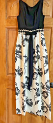 vintage 1960s formal long gown, ILGWU, black and white, no size tag, sleeveless
