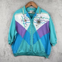 Teddi Pullover Top Womens 3X Colorblock Windbreaker Sun Stars Celestial 90s VTG