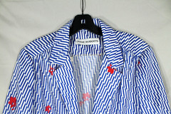 VTG DIANE ROBERTS Open Front POLY-KNIT Blue FLORAL STRIPES Jacket/Topper Sz 20