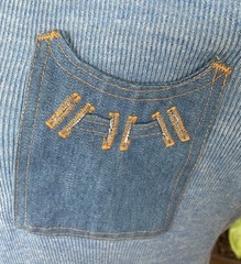 Vintage 1970s Knit Polo Sweater Long Sleeved Shirt Blue Novelty Denim Pocket XL