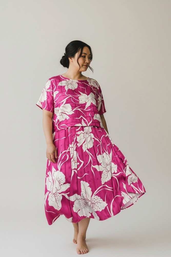 VTG David Alan Pink White Floral 2 Pc Skirt Set Women 14.5 Tropical Hawaiian