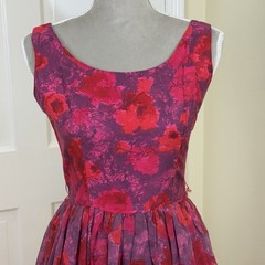 Vintage 1950s Red Pink Floral Fit & Flare Cocktail Dress S Retro Pinup Romanric