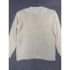 Vintage Chaus Cream Lace Collar Cardigan Sweater Womens Small Ramie Cotton Knit
