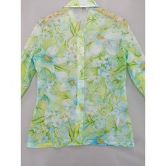 Vintage 70s Two East Button Down Blouse Womens 11/12 Green Blue Floral Sheer
