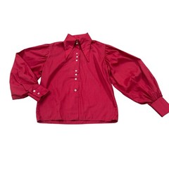 Vintage 60s Mod Dagger Collar Red Blouse Bishop Sleeve Button Front S ^