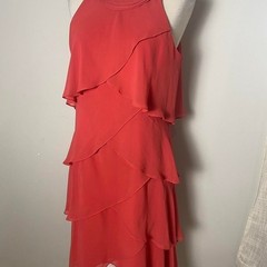 Add ‘Vintage 90s Coral Pink Ruffle Layer Dress – Rhinestone Strap Detail (Size S