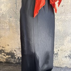 Vintage 1930s Black Silk Satin Dress Orange Silk Velvet Bow Wrap Lace Trim Bias