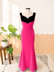 Vintage Victor Costa Elegant Bright Pink Evening Gown with Black Velvet Trim