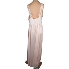 Vtg 60s 70s Adonna Peach Pink Satin Maxi Slip Dress L Tall Lace Rose Bud Pearl