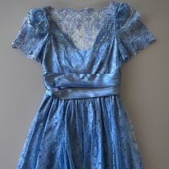 Vintage 70s 80s Maxi Dress Romantic Blue Satin Lace Cottagecore Puff Sleeve Gown