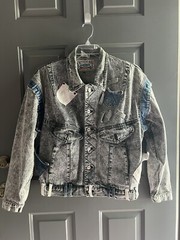 Vtg 80s I.O.U. Denimes Denim Bomber Jean Jacket OOAK Custom Acid Washed L Heavy