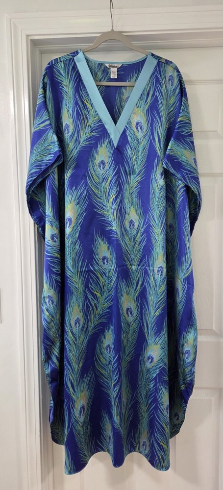 VTG Winlar Peacock Feather Print Satin Kaftan Dress Muumuu One Size Women’s NEW
