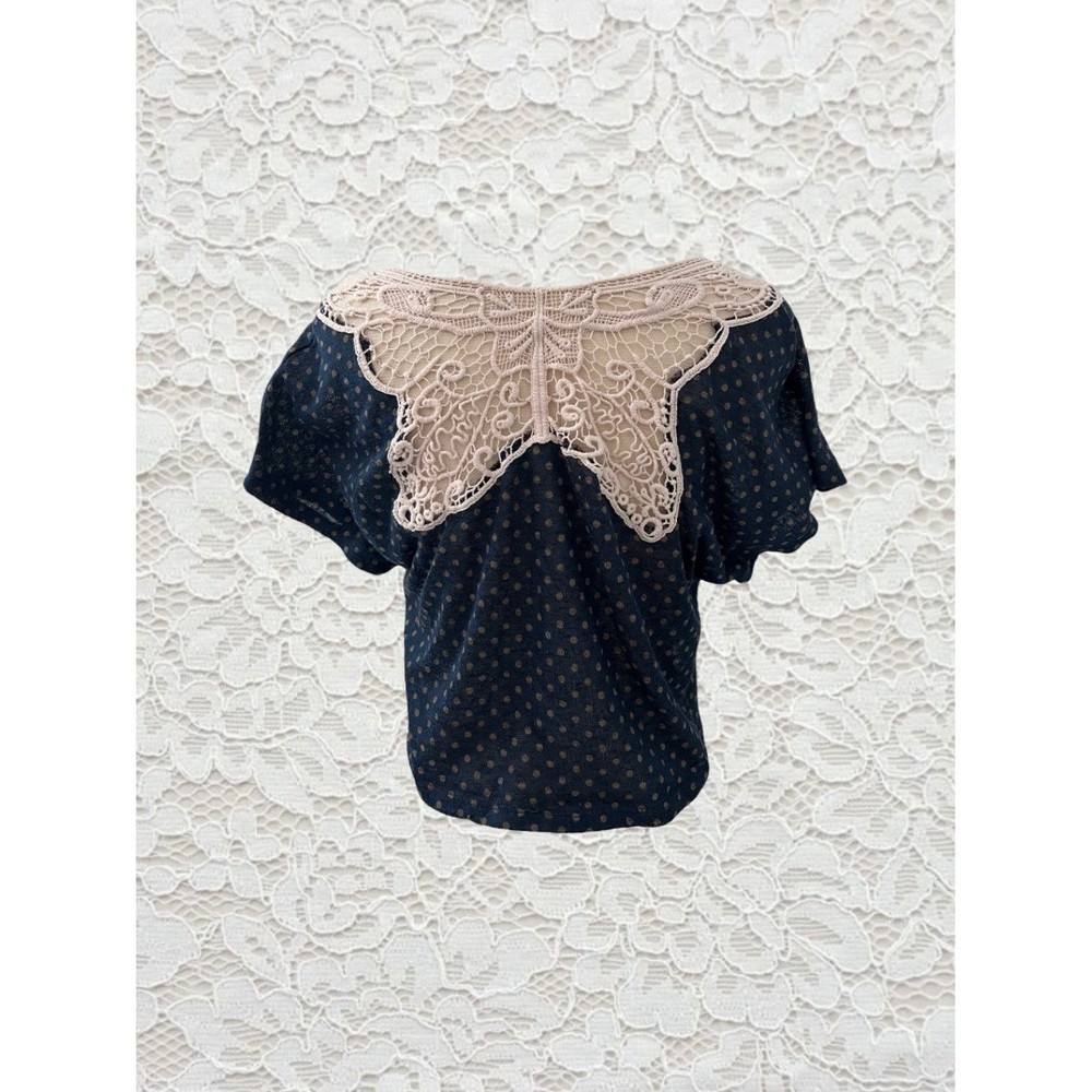 vintage papaya polka dot short sleeve top with butterfly crochet back