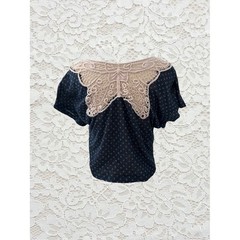 vintage papaya polka dot short sleeve top with butterfly crochet back