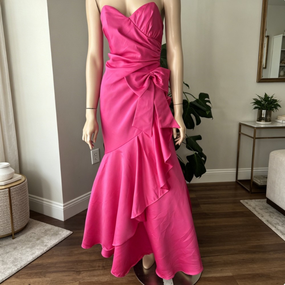 Strapless Hot Pink Satin Mermaid Dress Side Bow Ruffle Slit Wedding Evening Gown