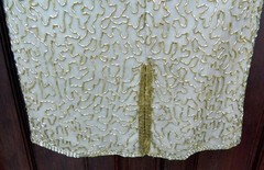 LAURENCE KAZAR VINTAGE DRESS GOLD SILK BEADED SZ Petite Large SHORT SLEEVE