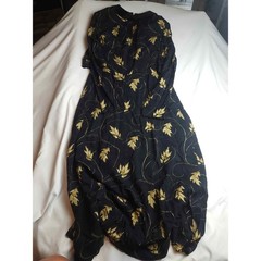 Karin Stevens Vintage Maxi Dress Black Gold Leaf Embroidery Velvet Collar Sz 14