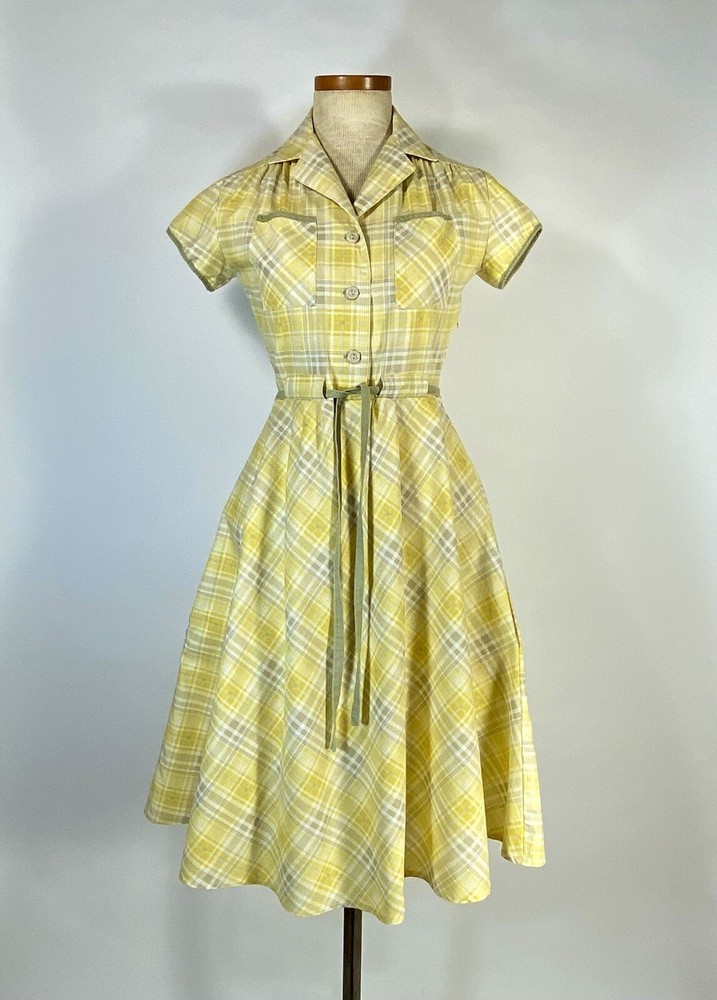 Vintage 1960’s COTTON yellow & grey check plaid shirtdress with belt Petite-size