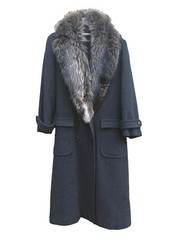 Perry Ellis VTG 70s-80s Maxi Dark Gray Wool Coat w/ Raccoon Fur Shawl Collar 12