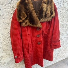 Vintage 1950s Red Houndstooth Coat Faux Fur Collar Size Women’s Medium